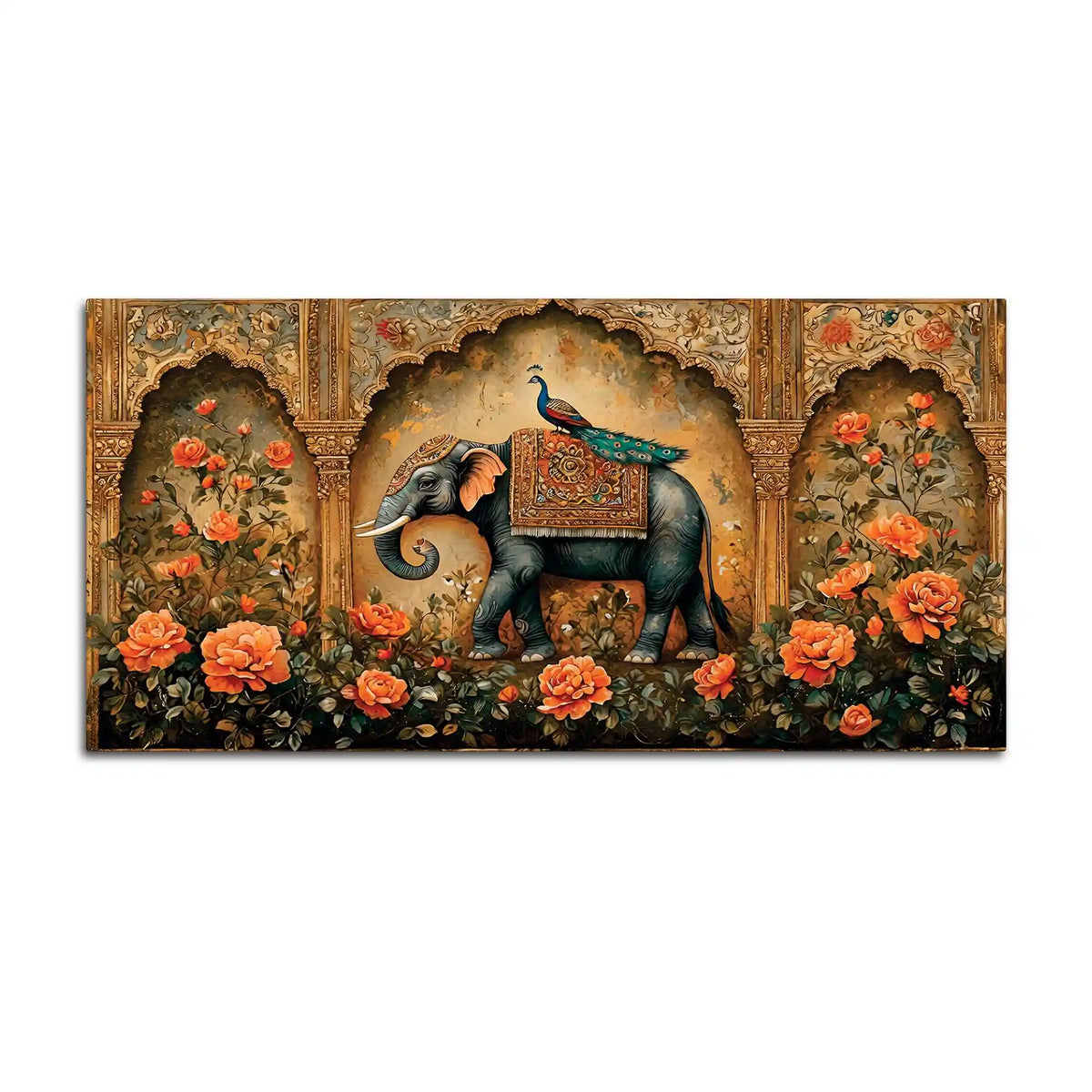 Regal Elephant and His Peacock Companion in a Blooming Palace Garden Canvas Painting