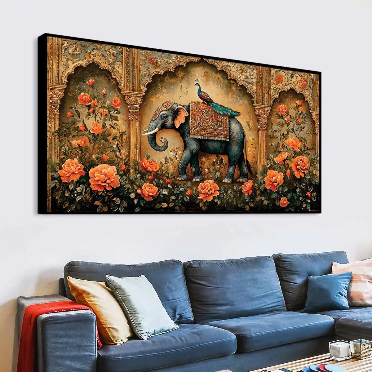 Regal Elephant and His Peacock Companion in a Blooming Palace Garden Canvas Painting