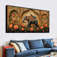 Regal Elephant and His Peacock Companion in a Blooming Palace Garden Canvas Painting