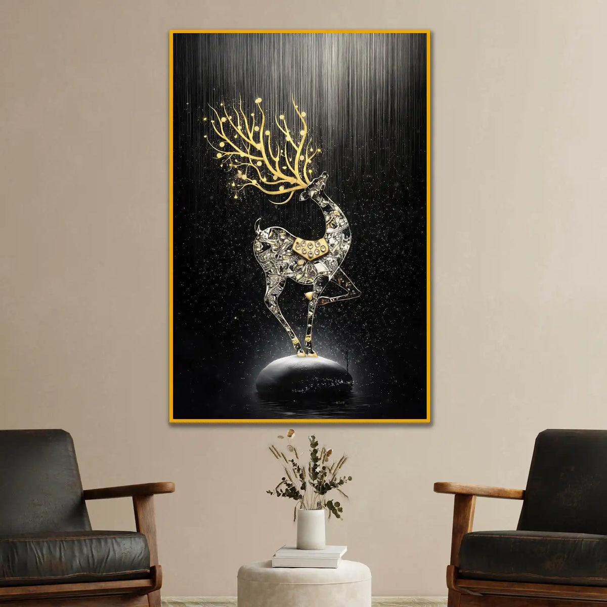 Regal Golden Stag Floating Frame Crystal Wall Painting