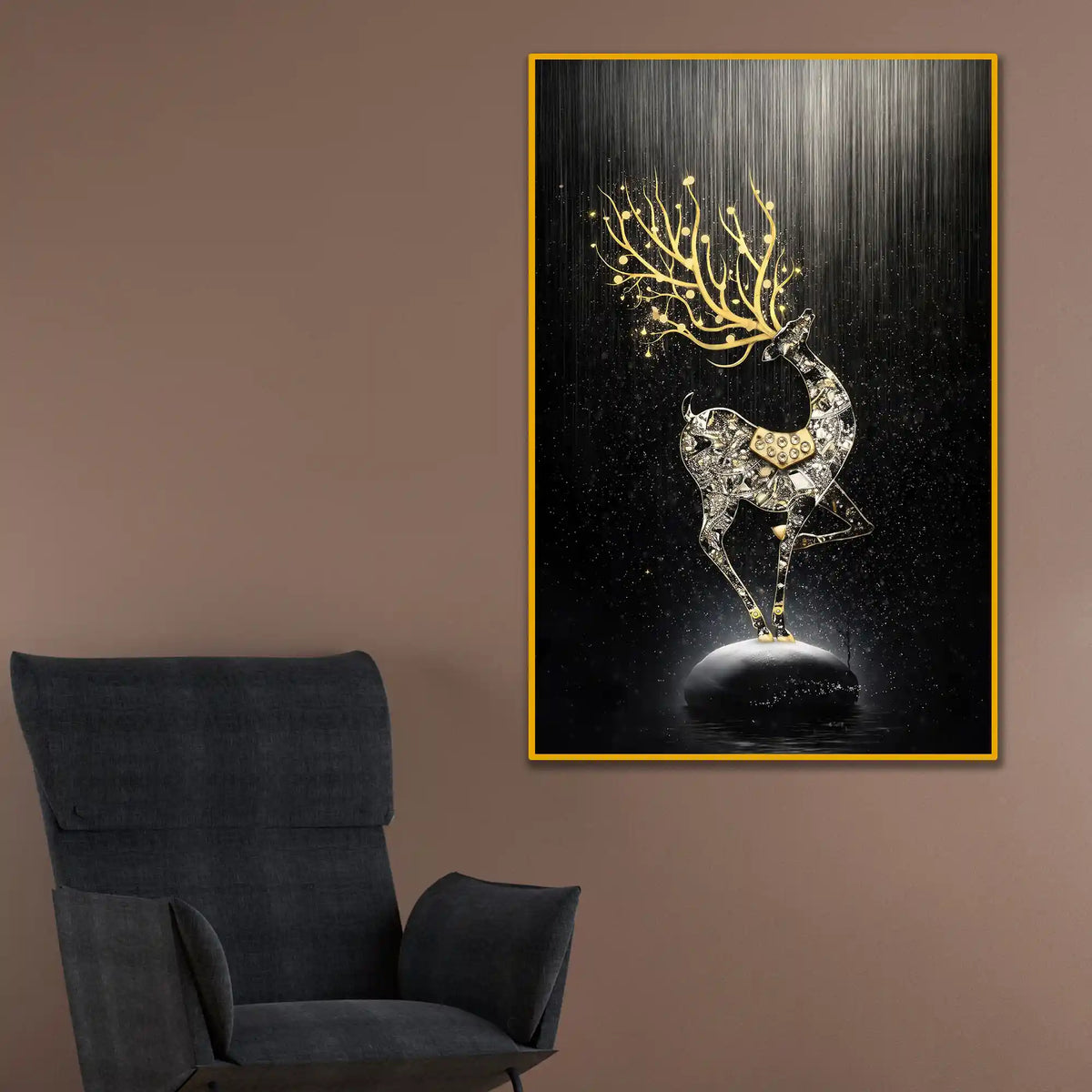 Regal Golden Stag Floating Frame Crystal Wall Painting