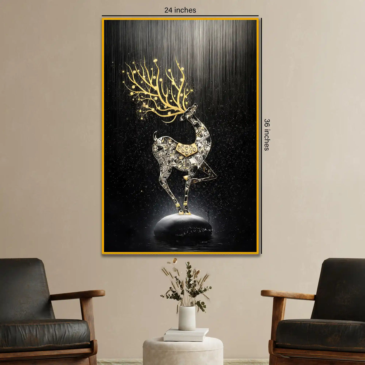 Regal Golden Stag Floating Frame Crystal Wall Painting