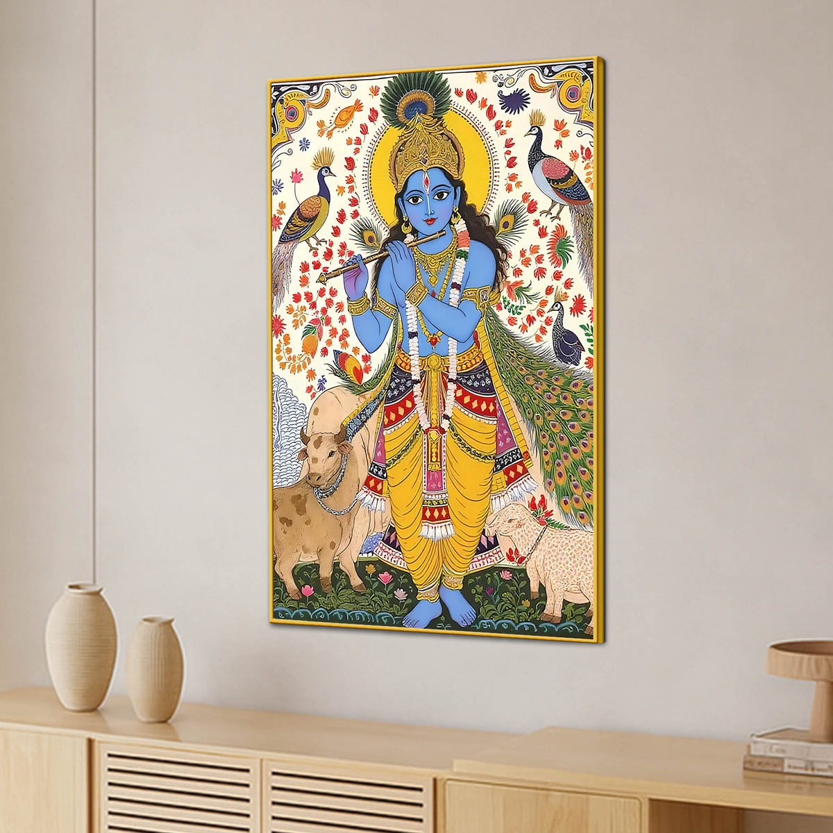 Religious Lord Krishna with Cow Canvas Painting