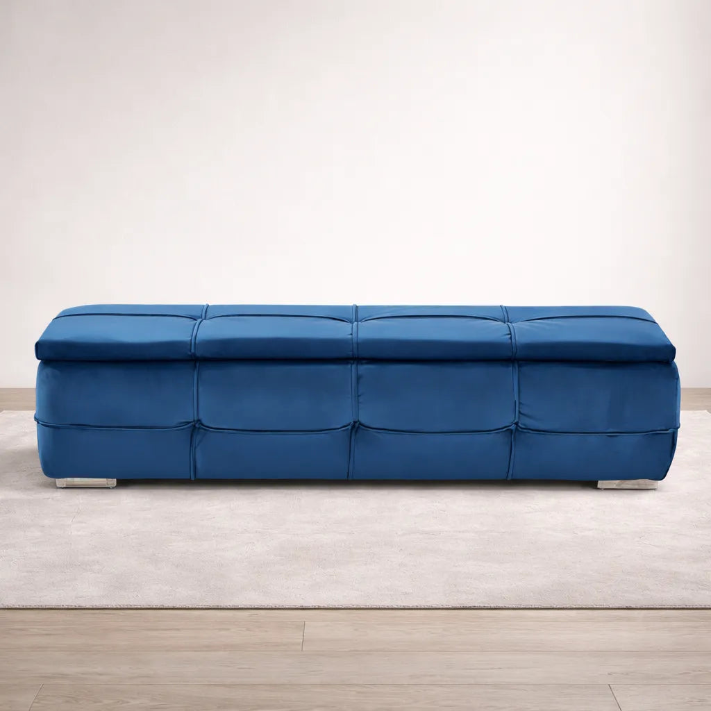 Rich Blue Velvet Tufted Storage Bench with Seating and Organizer Space