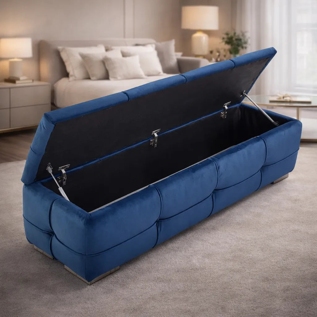 Rich Blue Velvet Tufted Storage Bench with Seating and Organizer Space