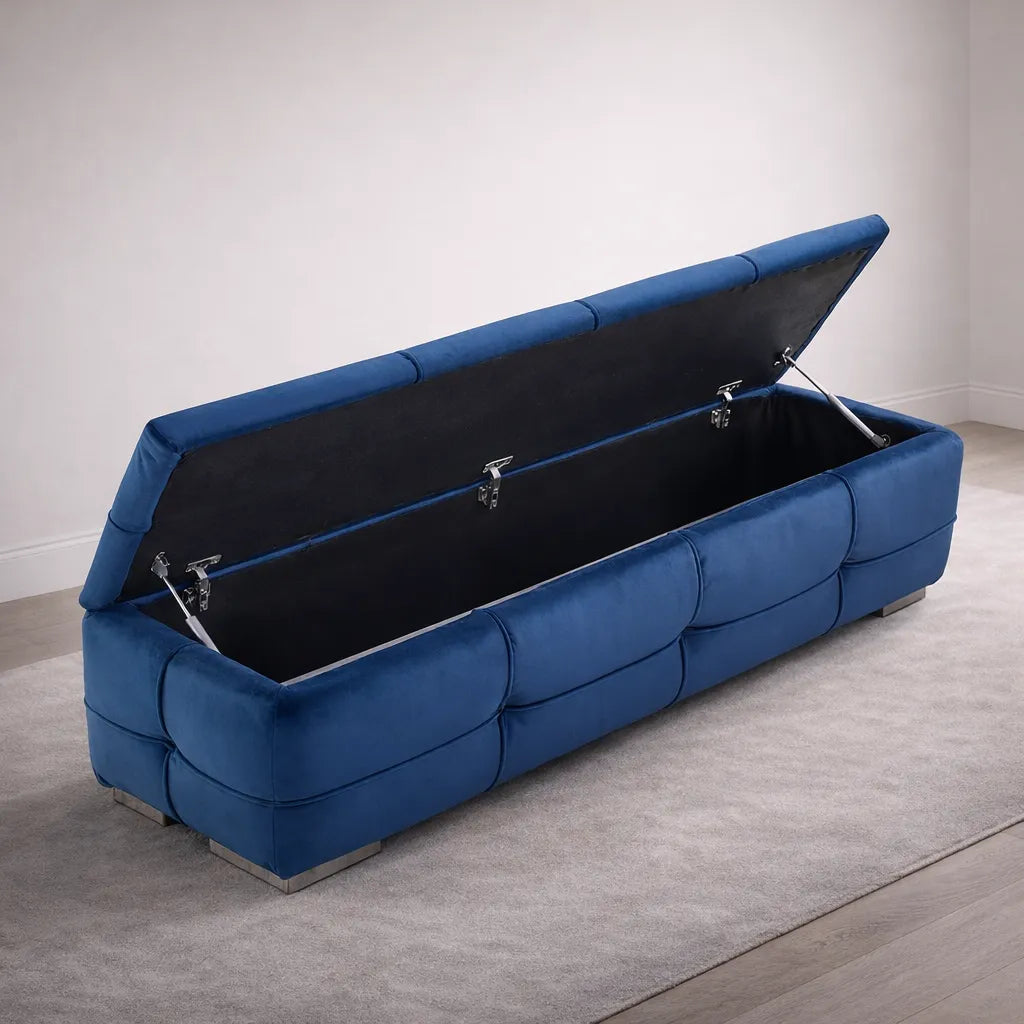 Rich Blue Velvet Tufted Storage Bench with Seating and Organizer Space