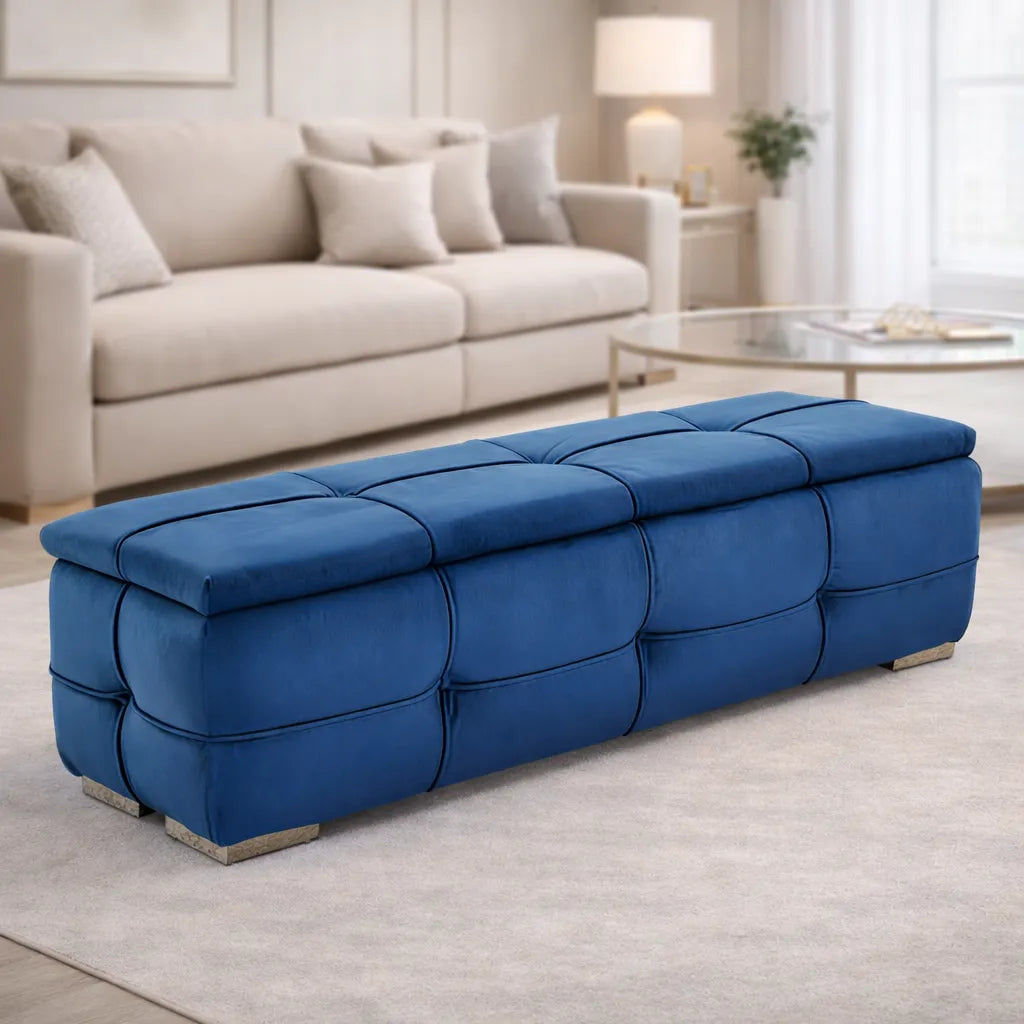 Rich Blue Velvet Tufted Storage Bench with Seating and Organizer Space
