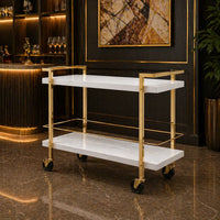 Rolling White Bar Trolley with Sophisticated Golden Metal Finish