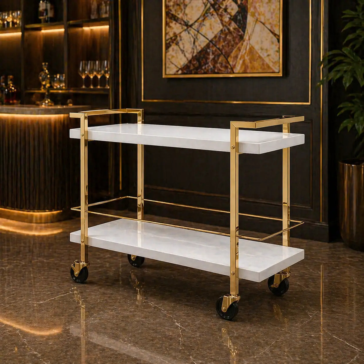 Rolling White Bar Trolley with Sophisticated Golden Metal Finish