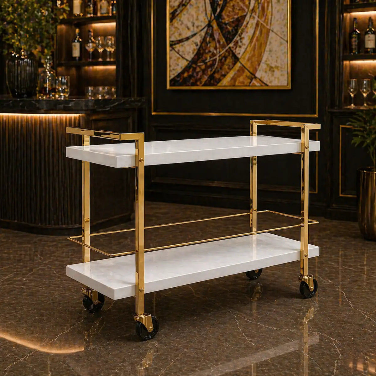 Rolling White Bar Trolley with Sophisticated Golden Metal Finish