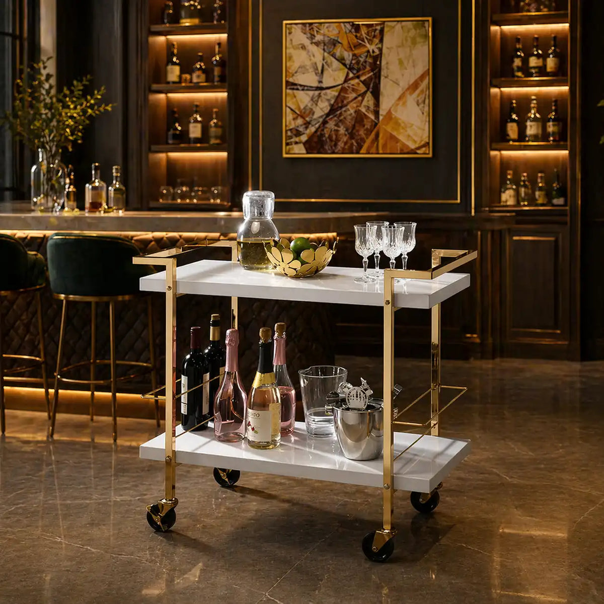 Rolling White Bar Trolley with Sophisticated Golden Metal Finish
