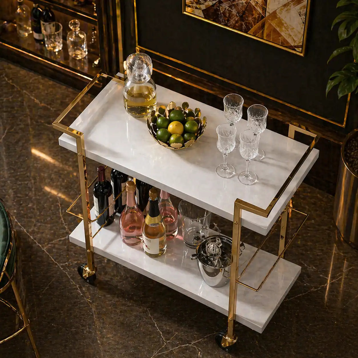 Rolling White Bar Trolley with Sophisticated Golden Metal Finish