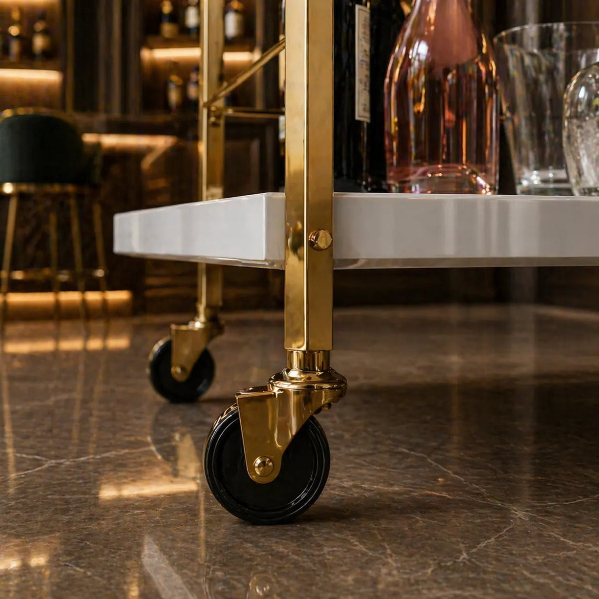 Rolling White Bar Trolley with Sophisticated Golden Metal Finish