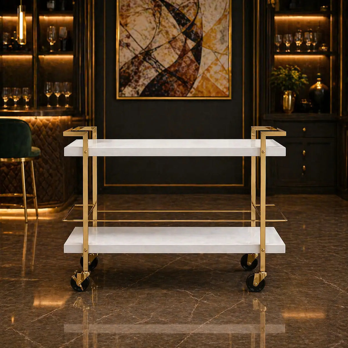Rolling White Bar Trolley with Sophisticated Golden Metal Finish