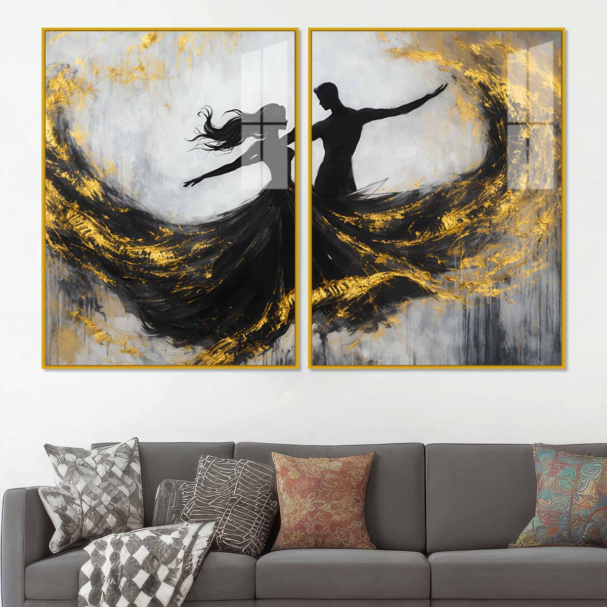 Romantic Black & Gold Dancing Couple Abstract Acrylic Floating Wall Painting Set of 2