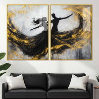 Romantic Black & Gold Dancing Couple Abstract Acrylic Floating Wall Painting Set of 2