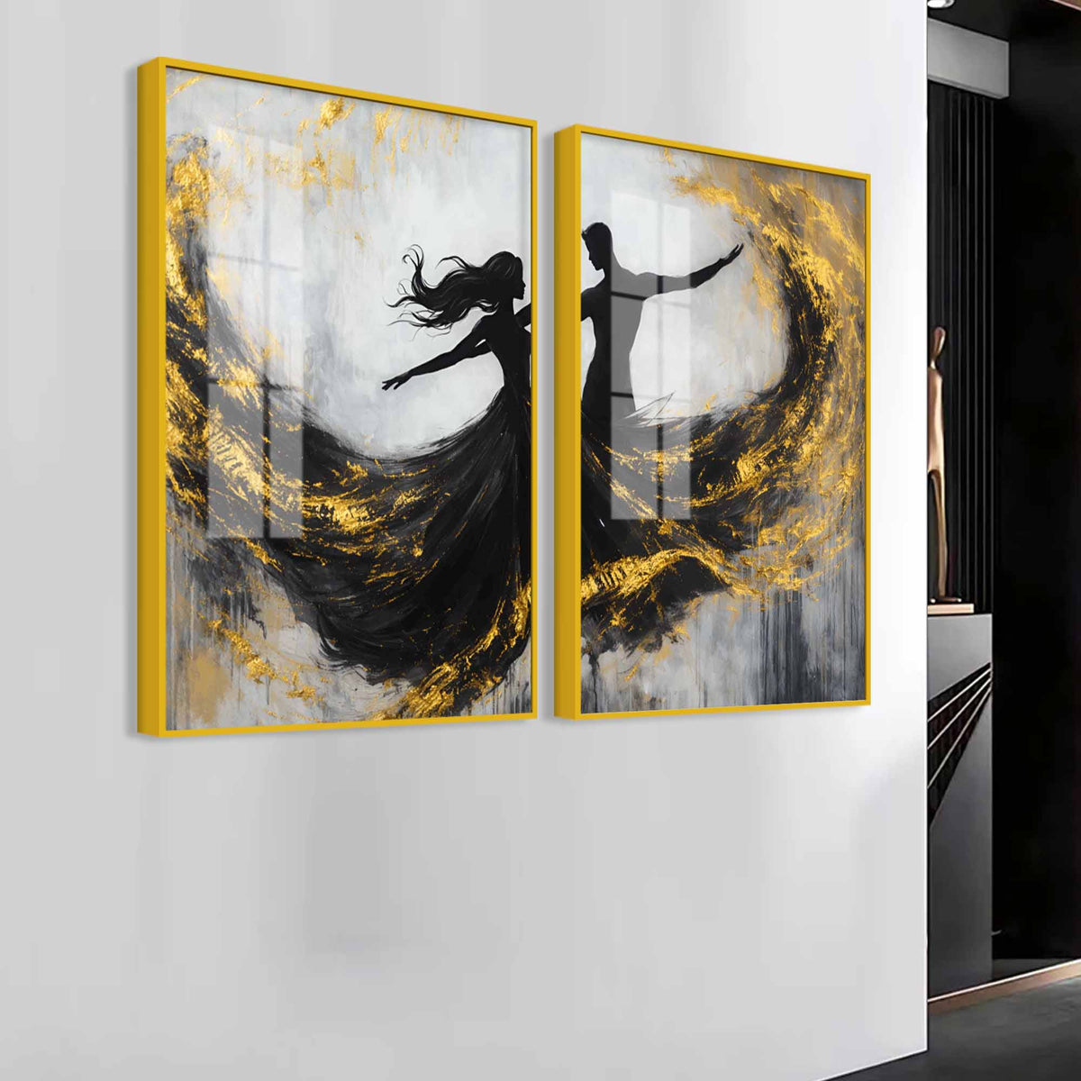 Romantic Black & Gold Dancing Couple Abstract Acrylic Floating Wall Painting Set of 2