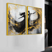 Romantic Black & Gold Dancing Couple Abstract Acrylic Floating Wall Painting Set of 2