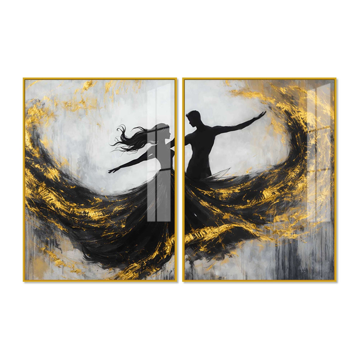 Romantic Black & Gold Dancing Couple Abstract Acrylic Floating Wall Painting Set of 2