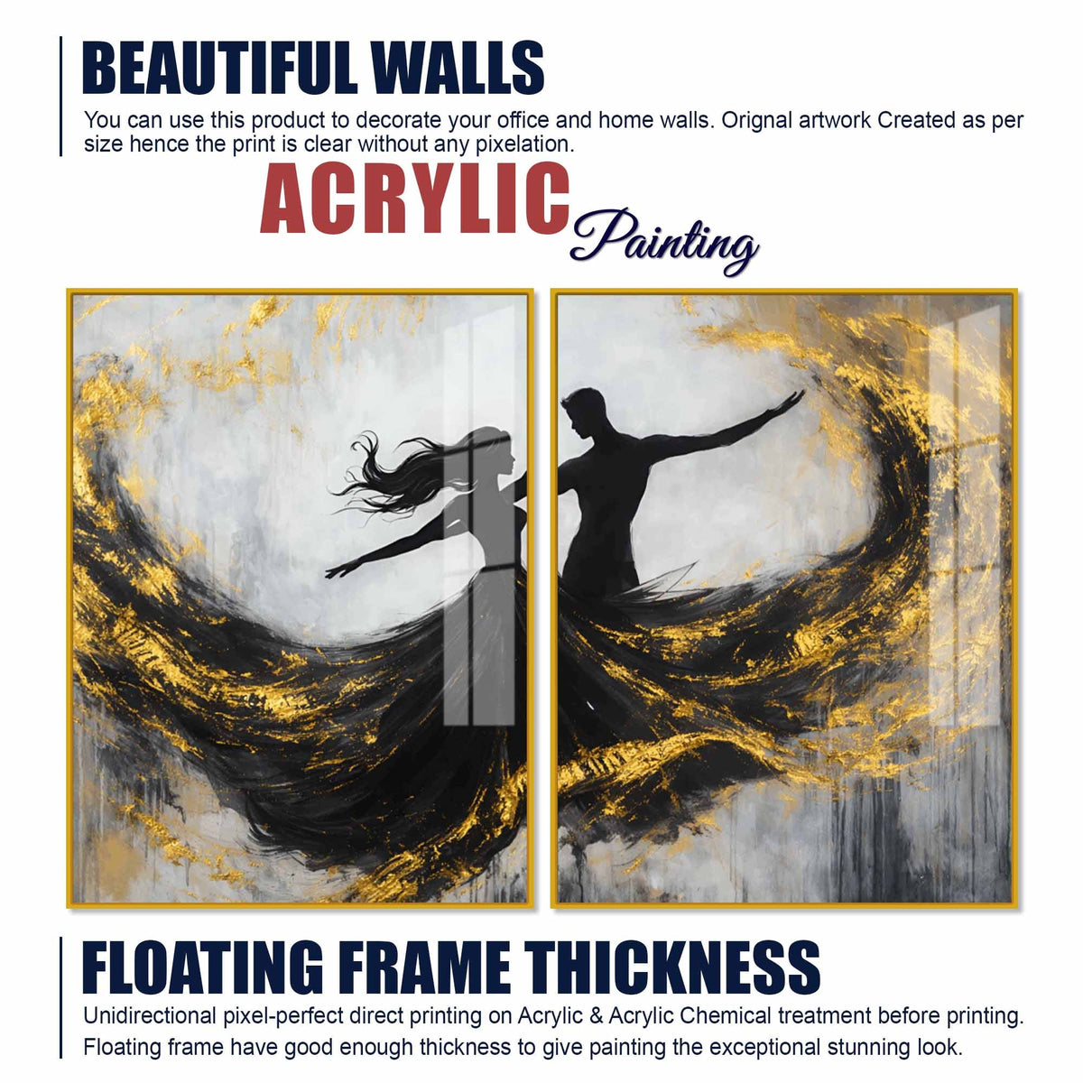 Romantic Black & Gold Dancing Couple Abstract Acrylic Floating Wall Painting Set of 2