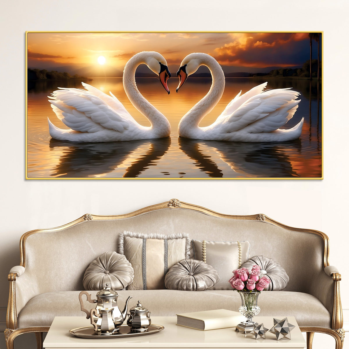 Romantic Swan Couple Wall Painting for Living Room Décor