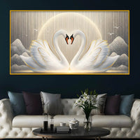 Romantic Swan Pair Heart Shape Crystal Glass Painting for Living Room Décor