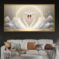 Romantic Swan Pair Heart Shape Crystal Glass Painting for Living Room Décor