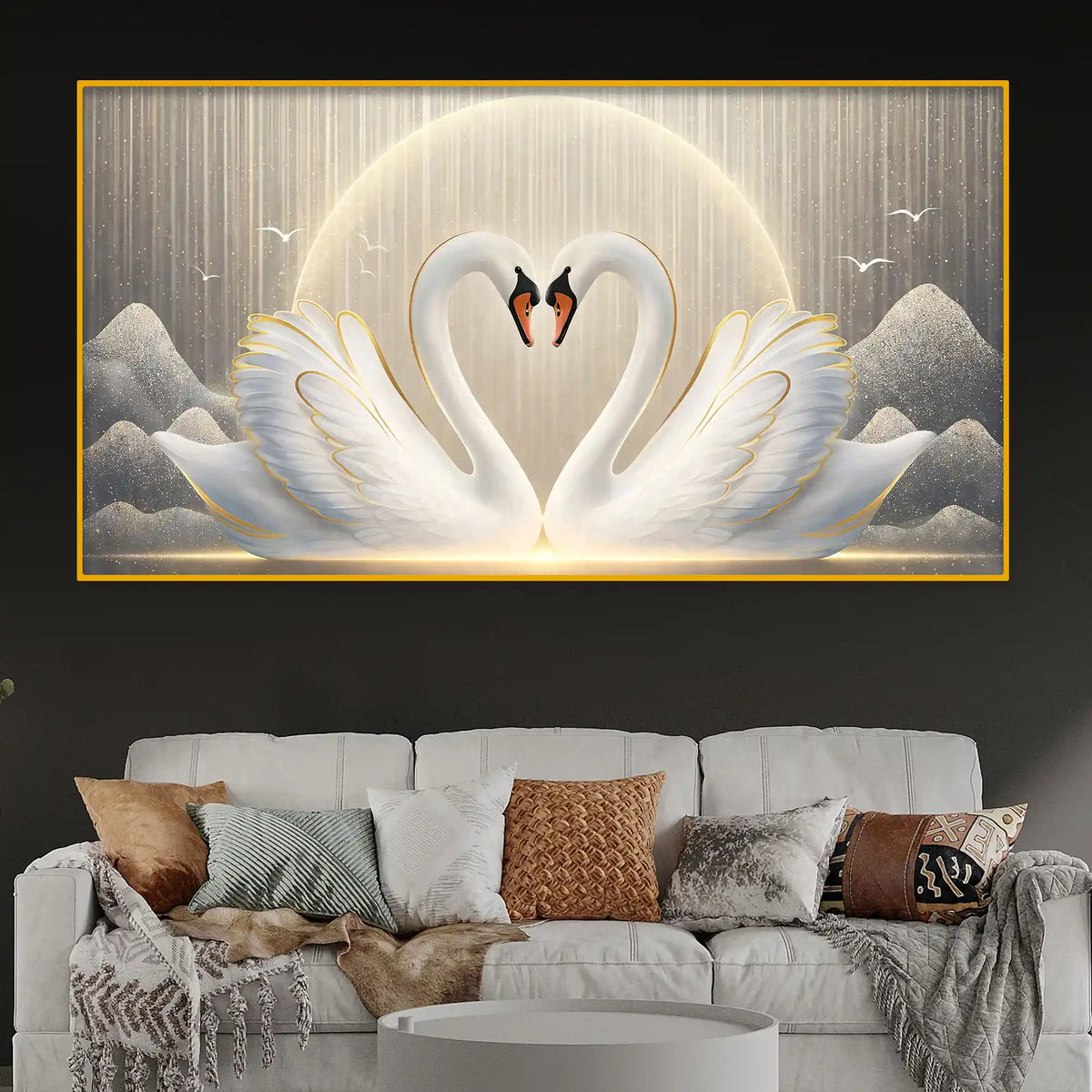 Romantic Swan Pair Heart Shape Crystal Glass Painting for Living Room Décor