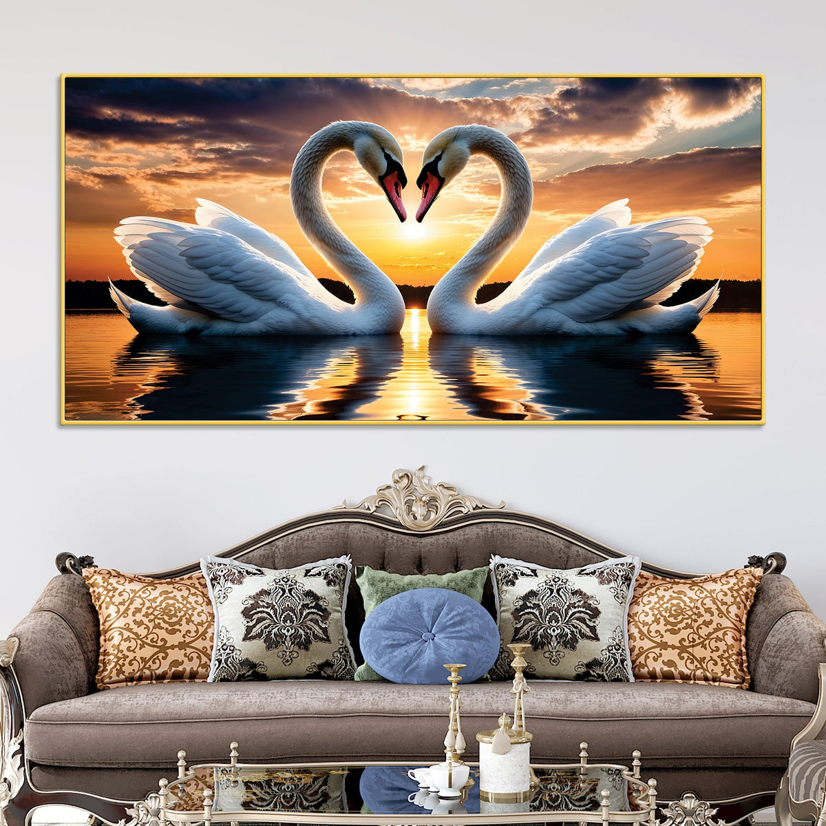 Romantic White Swan Wall Painting for Modern Living Room