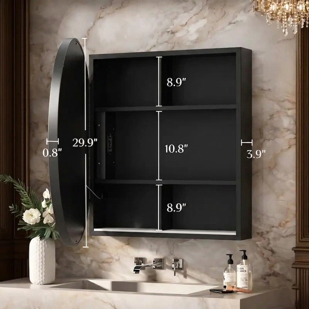 Round LED Mirror Cabinet with Touch Sensor and Modern Frame Design