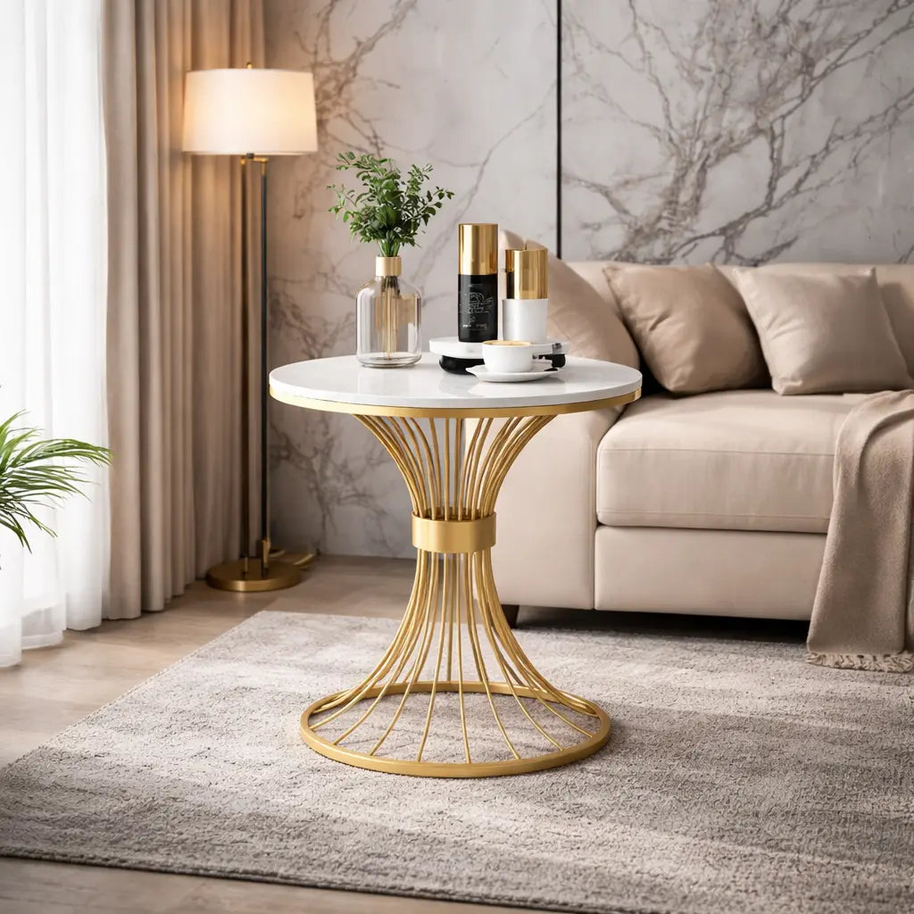 Round Marble Side Table with Gold Wire Base