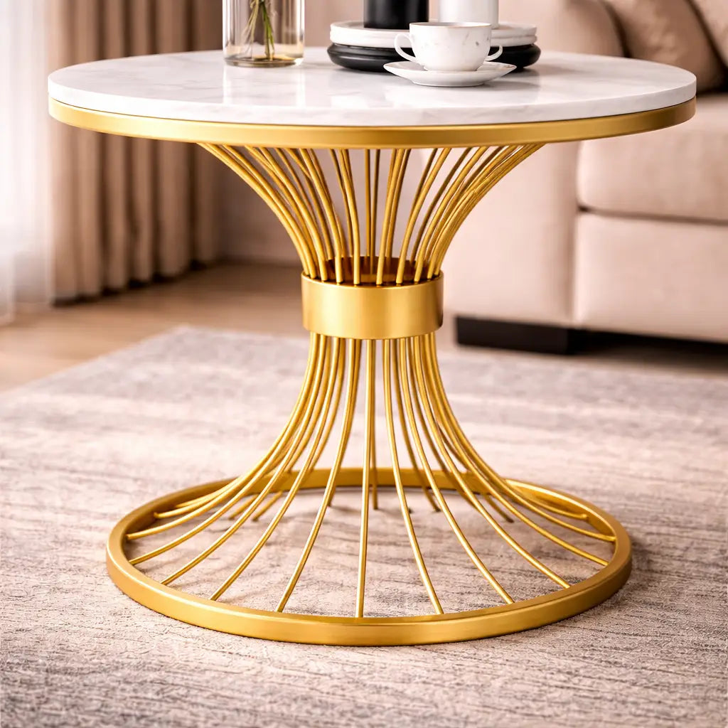 Round Marble Side Table with Gold Wire Base