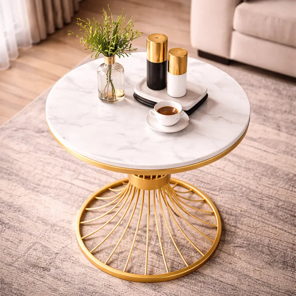Round Marble Side Table with Gold Wire Base