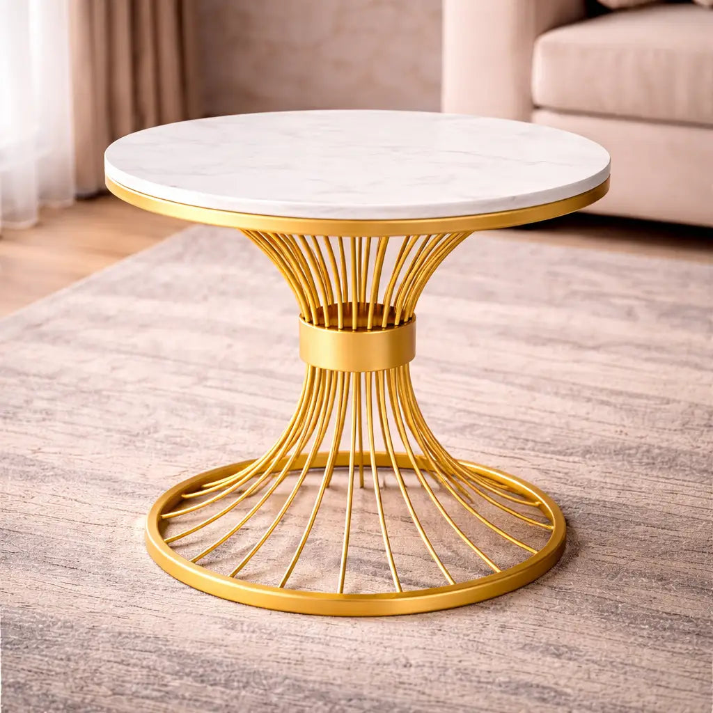 Round Marble Side Table with Gold Wire Base