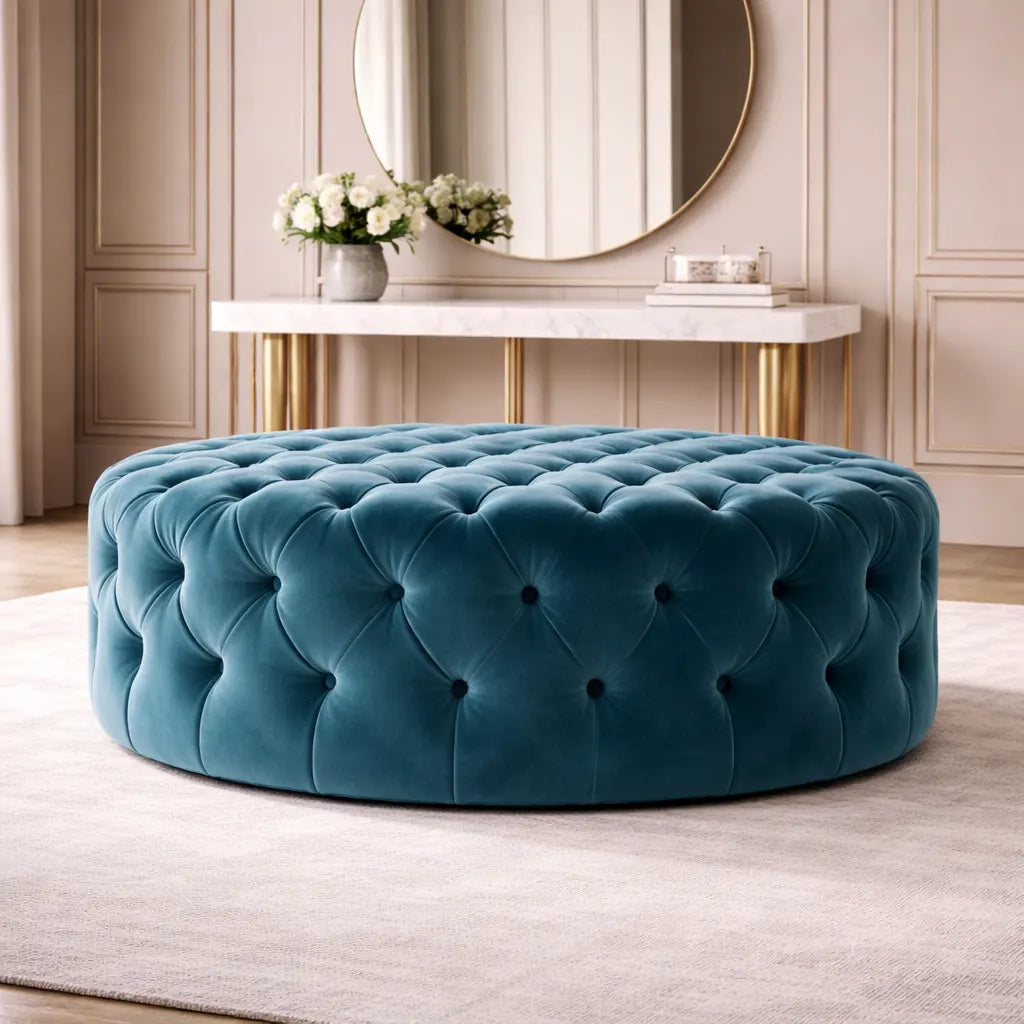 Round Shape Assembled Wide Blue Velvet Ottoman