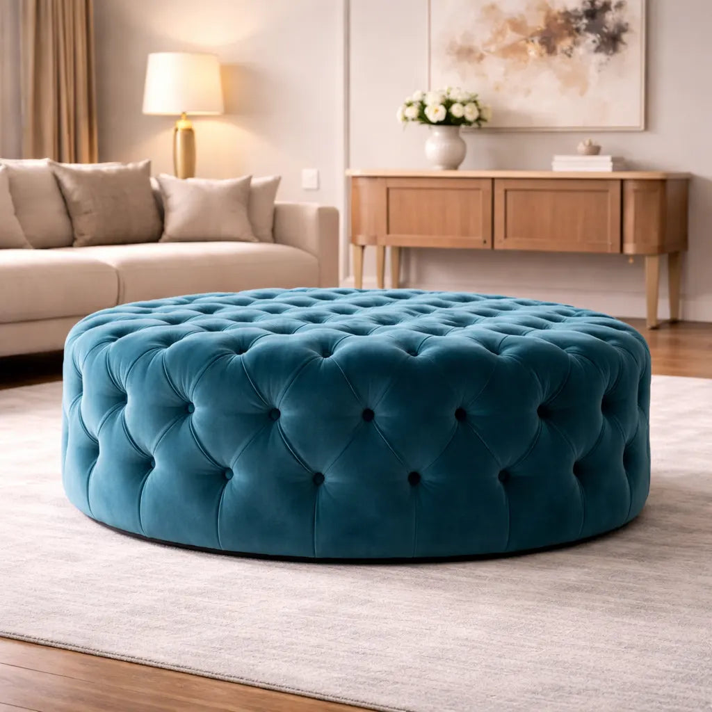 Round Shape Assembled Wide Blue Velvet Ottoman