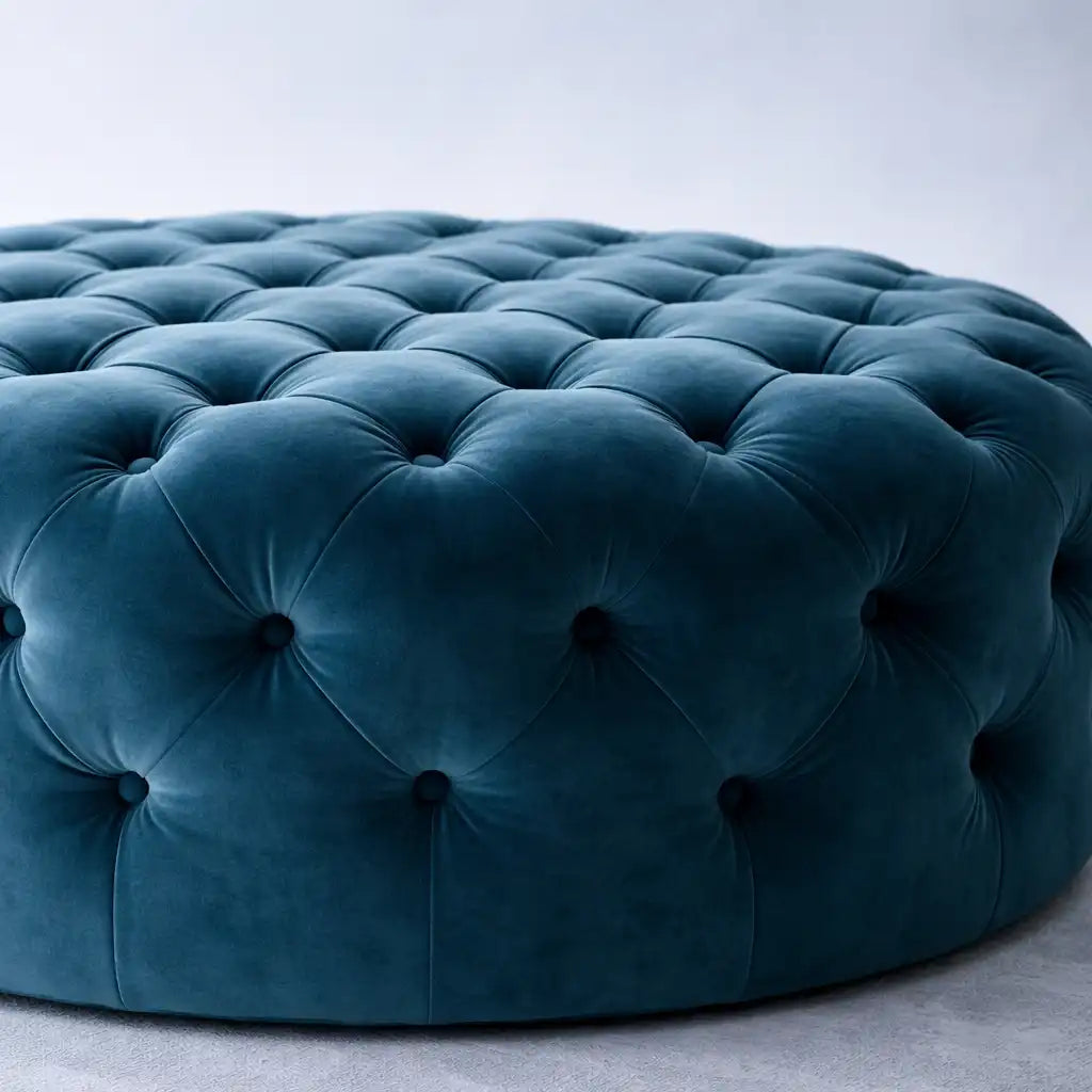 Round Shape Assembled Wide Blue Velvet Ottoman