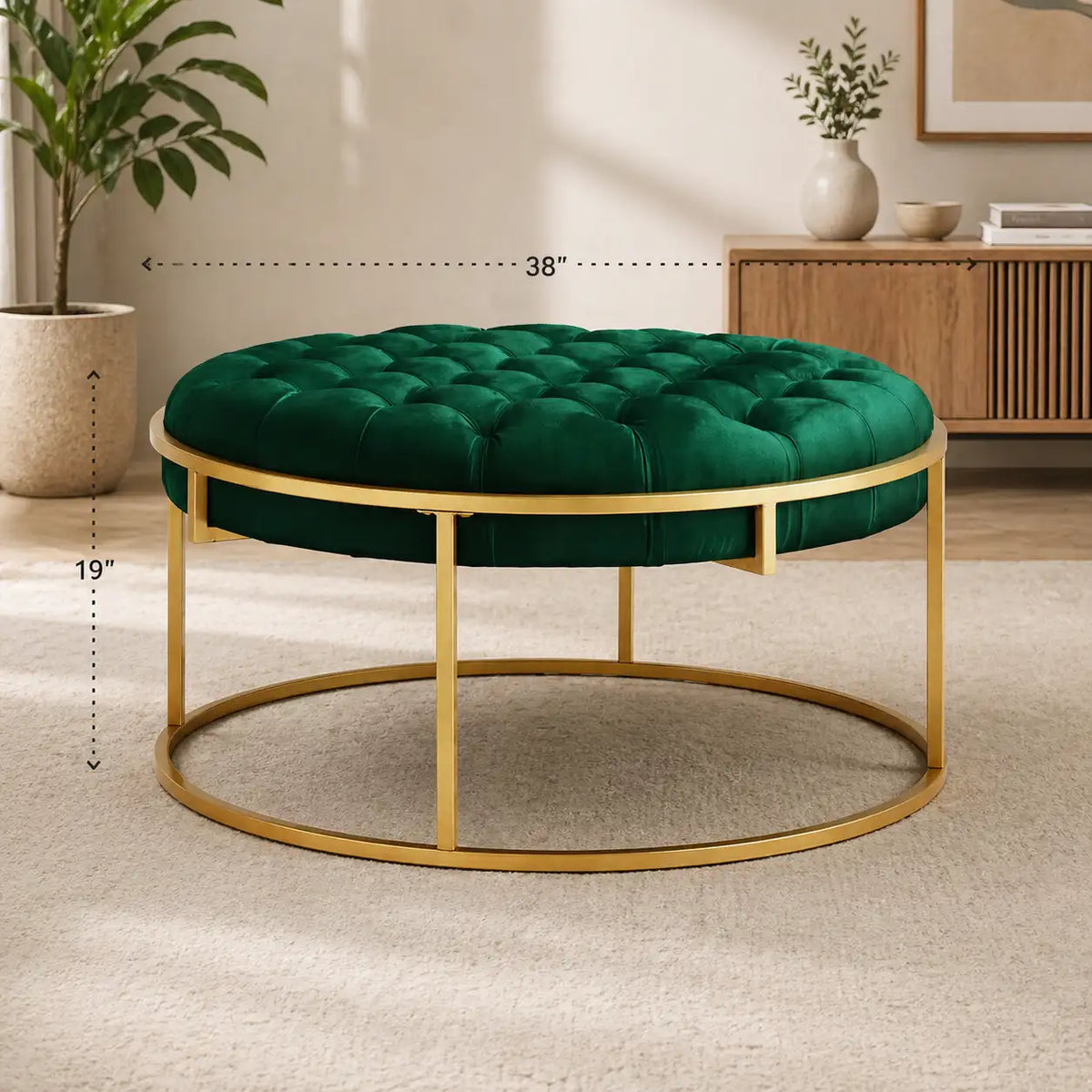 Round Shape Dark Green Velvet Ottoman with Golden Metal Finish