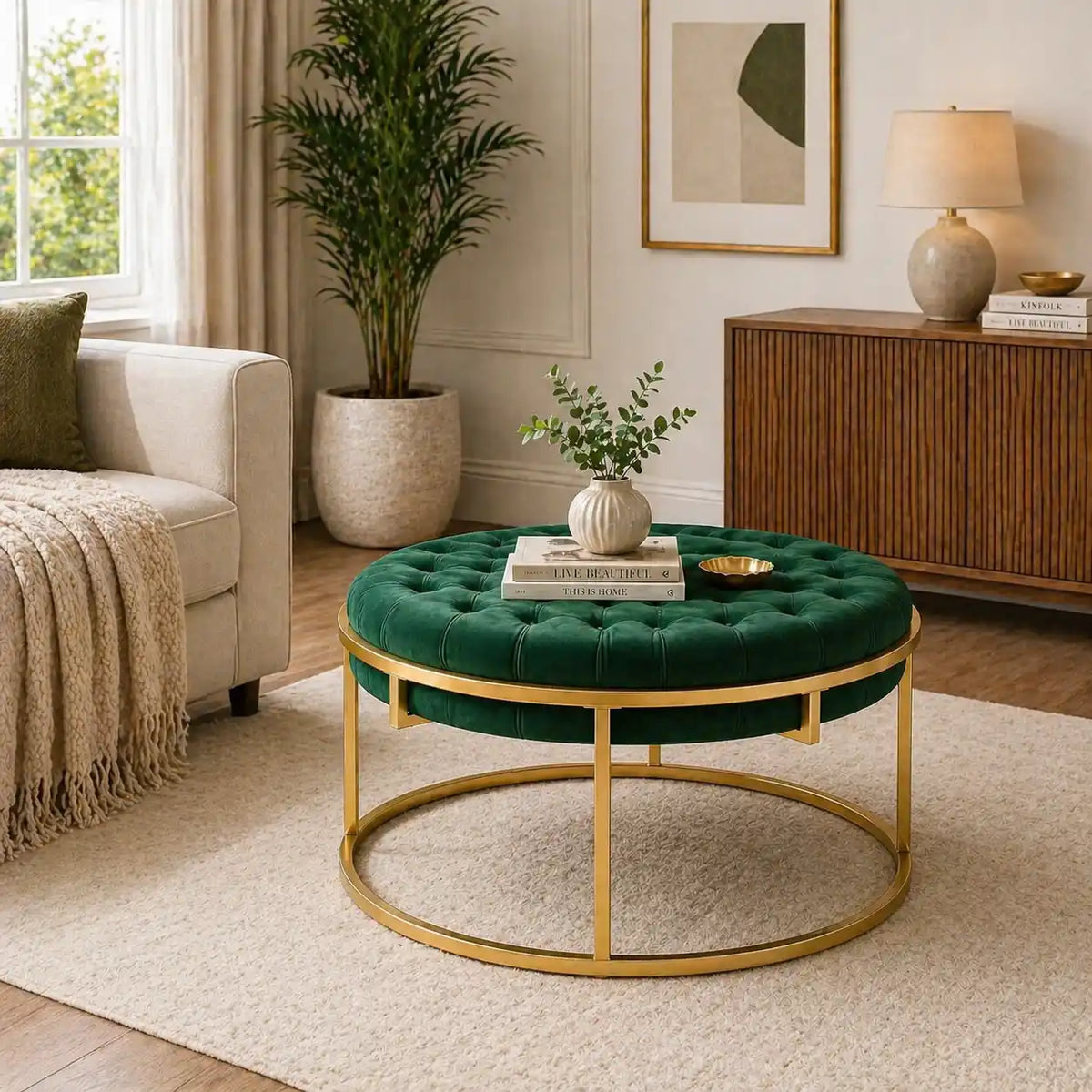 Round Shape Dark Green Velvet Ottoman with Golden Metal Finish