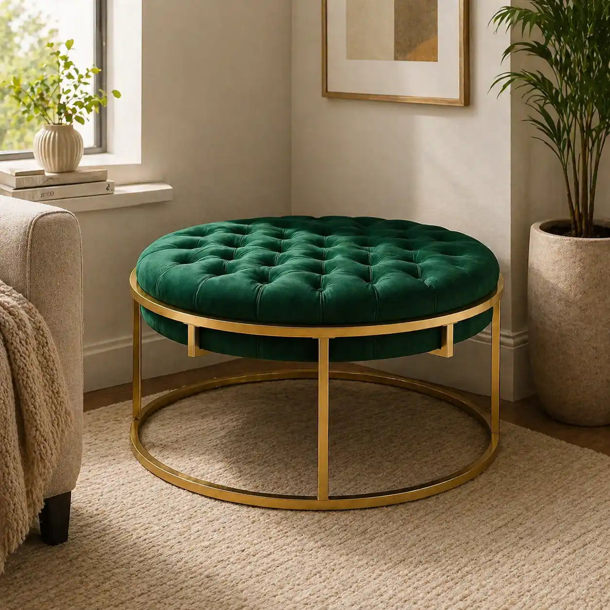 Round Shape Dark Green Velvet Ottoman with Golden Metal Finish
