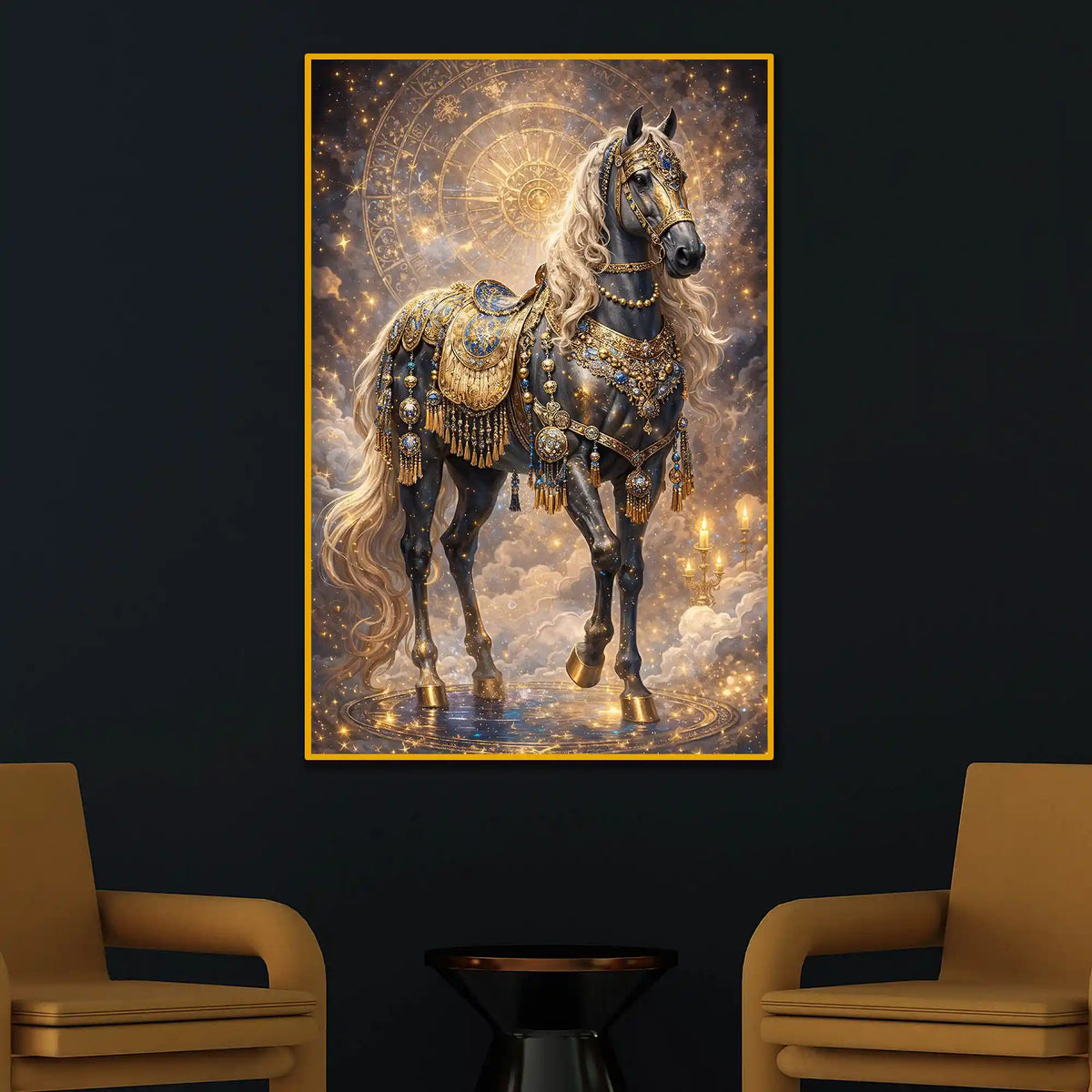 Royal Black Horse Floating Frame Crystal Wall Painting