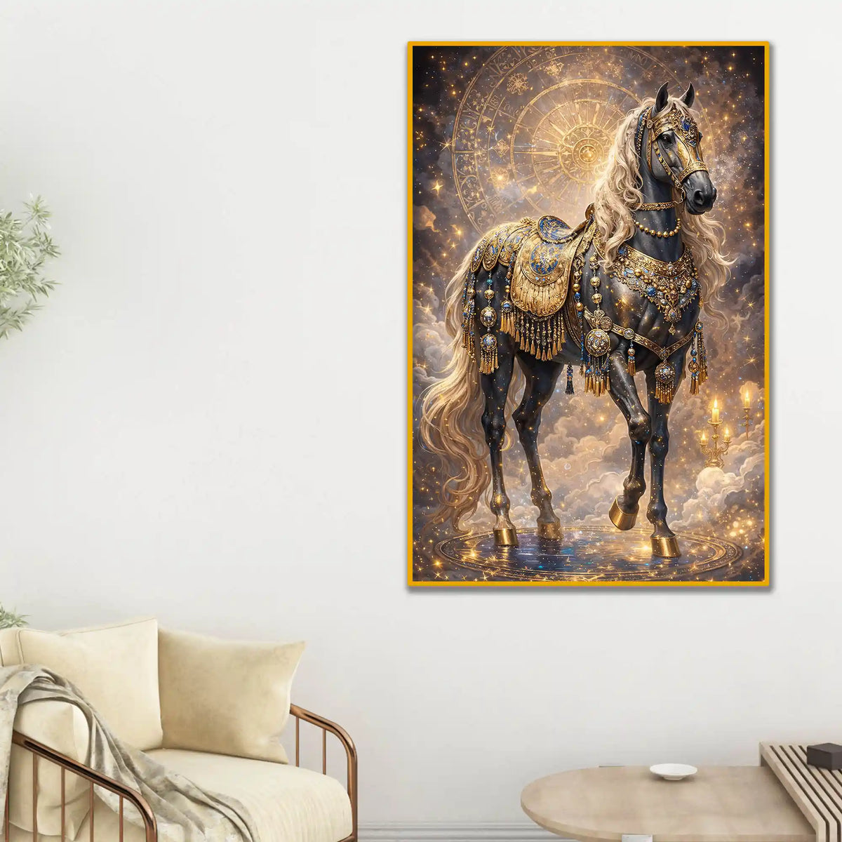 Royal Black Horse Floating Frame Crystal Wall Painting