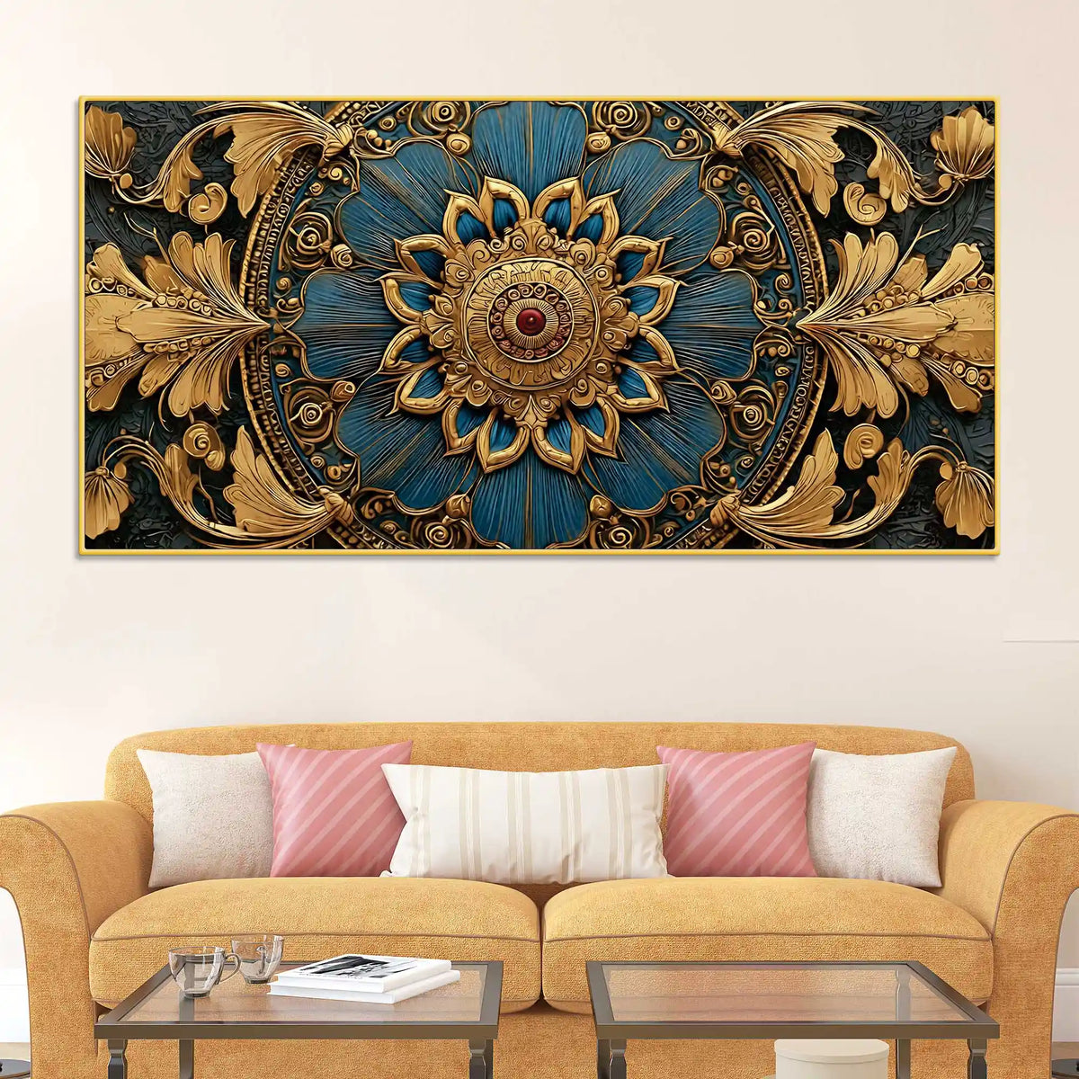 Royal Blue and Gold Mandala Canvas Wall Painting for Home Decor