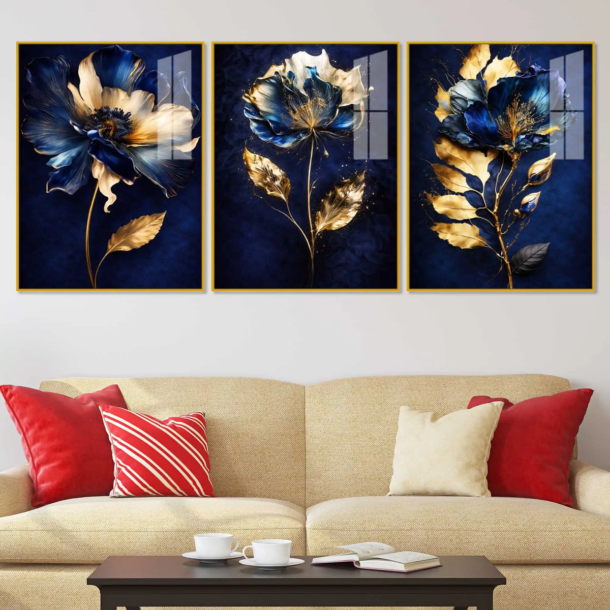 Royal Blue Blossom Symphony Acrylic Floating Frame Wall Painting Set of 3
