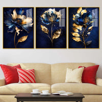 Royal Blue Blossom Symphony Acrylic Floating Frame Wall Painting Set of 3