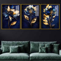 Royal Blue Blossom Symphony Acrylic Floating Frame Wall Painting Set of 3