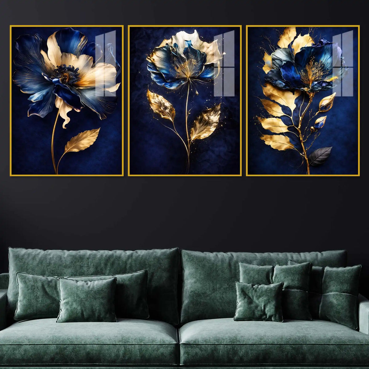 Royal Blue Blossom Symphony Acrylic Floating Frame Wall Painting Set of 3