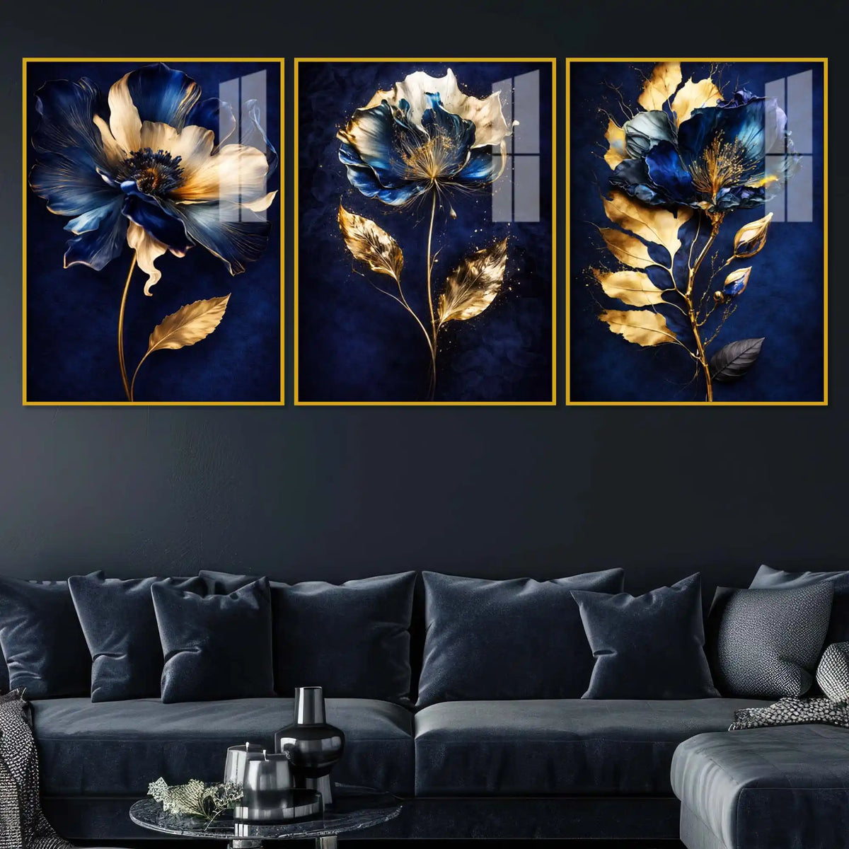 Royal Blue Blossom Symphony Acrylic Floating Frame Wall Painting Set of 3