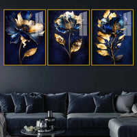 Royal Blue Blossom Symphony Acrylic Floating Frame Wall Painting Set of 3