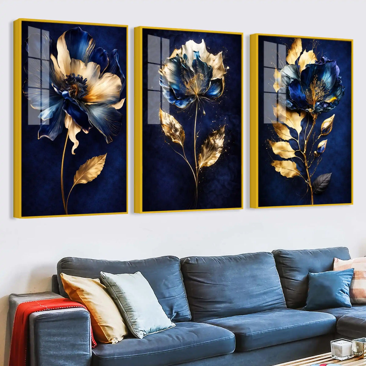 Royal Blue Blossom Symphony Acrylic Floating Frame Wall Painting Set of 3